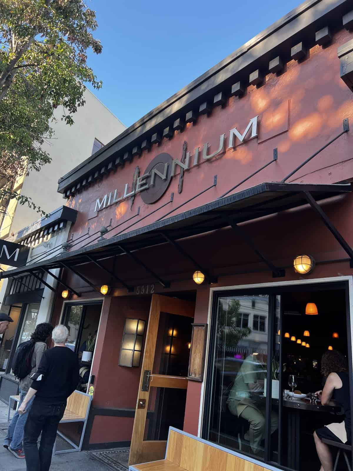 front of Millennium Vegan in Oakland, CA