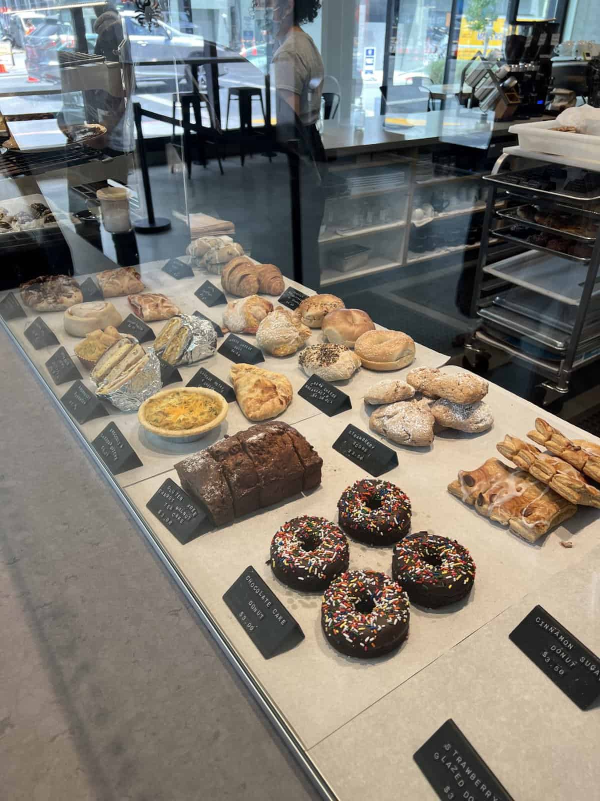full case of vegan pastries at Timeless Coffee in Oakland, CA